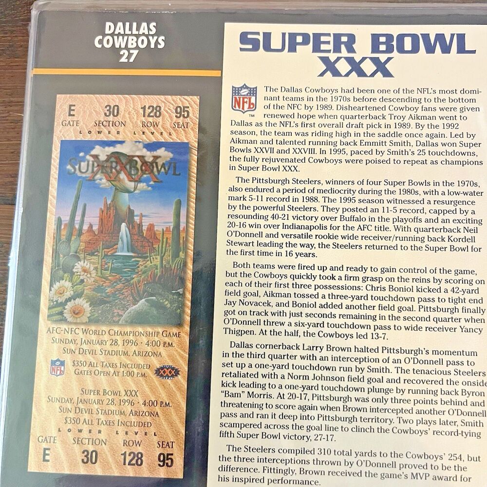 Super Bowl XXX Commemorative Gold Plated Super Bowl Ticket 22KT Willabee & Ward - Picture 2 of 10